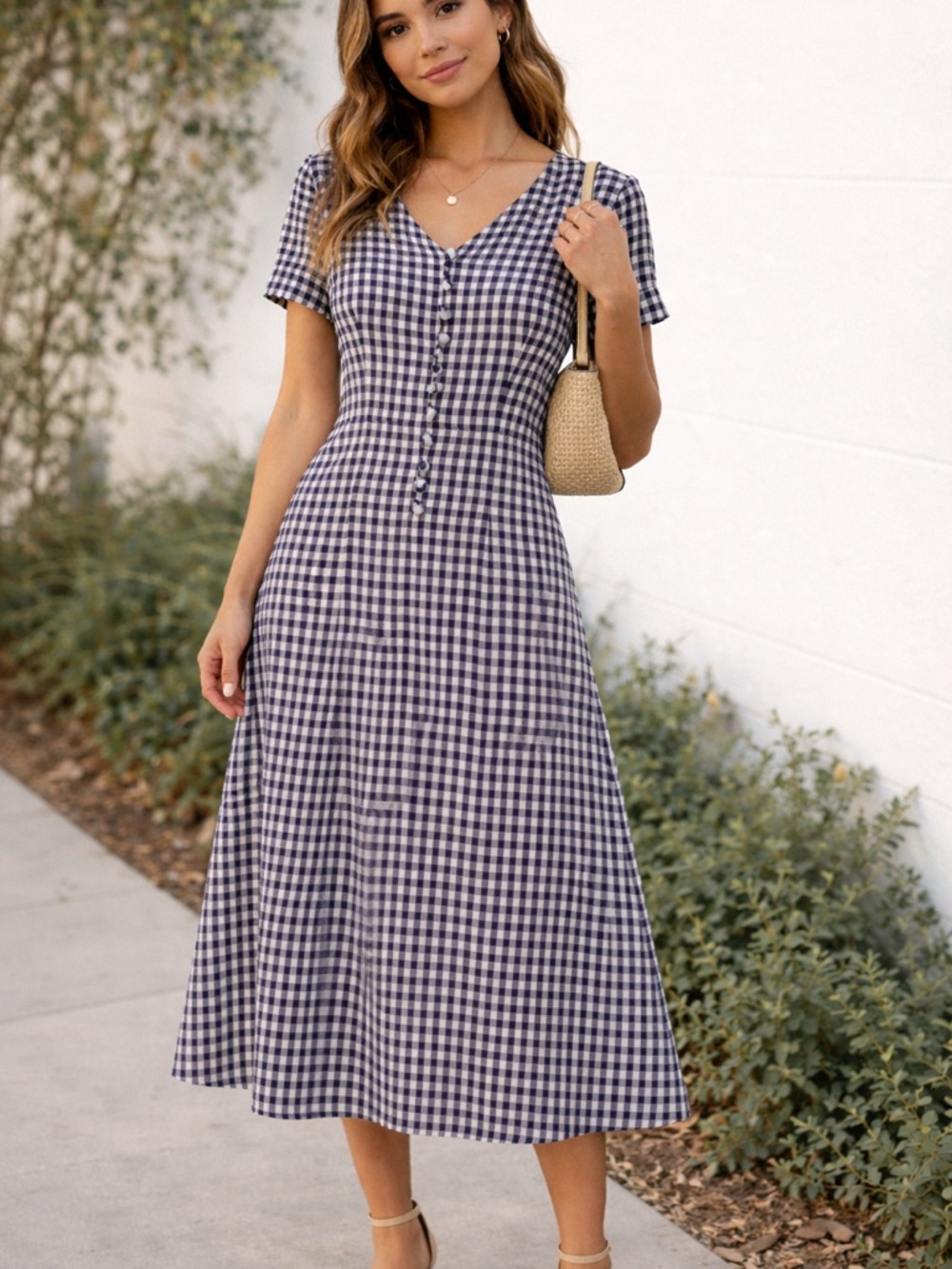 Vintage Women's Navy & White Gingham Midi Dress - Classic Summer Style
